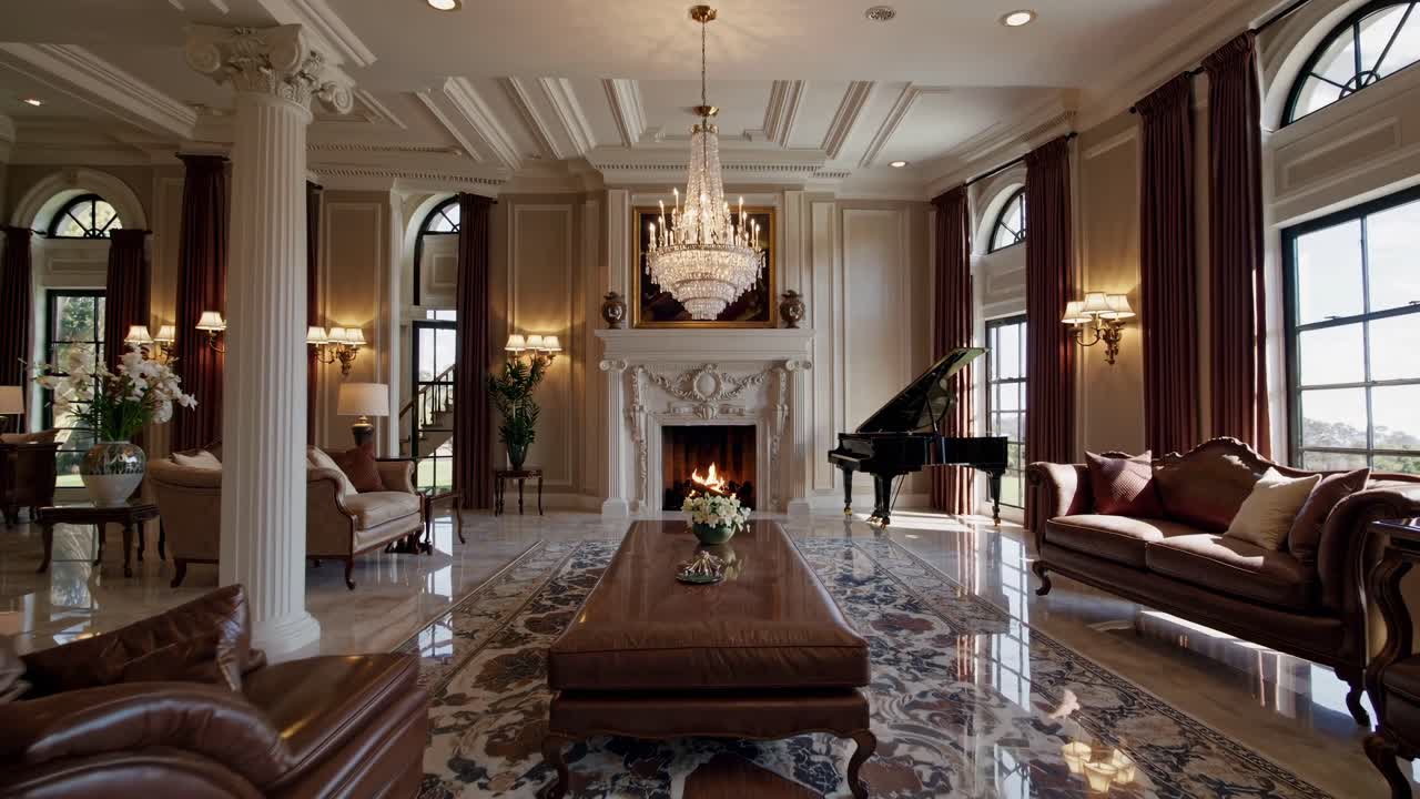 Luxurious living room with classical decor, grand piano, and chandelier ...