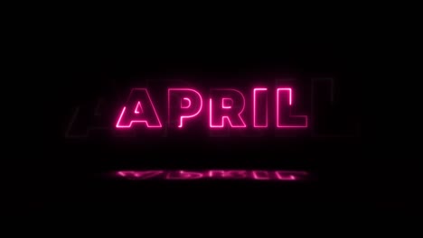 la palabra "abril" brilla en neón sobre un fondo negro con reflejos en el suelo. letreros de brillo de neón en gráfico de movimiento de bucle sin costuras