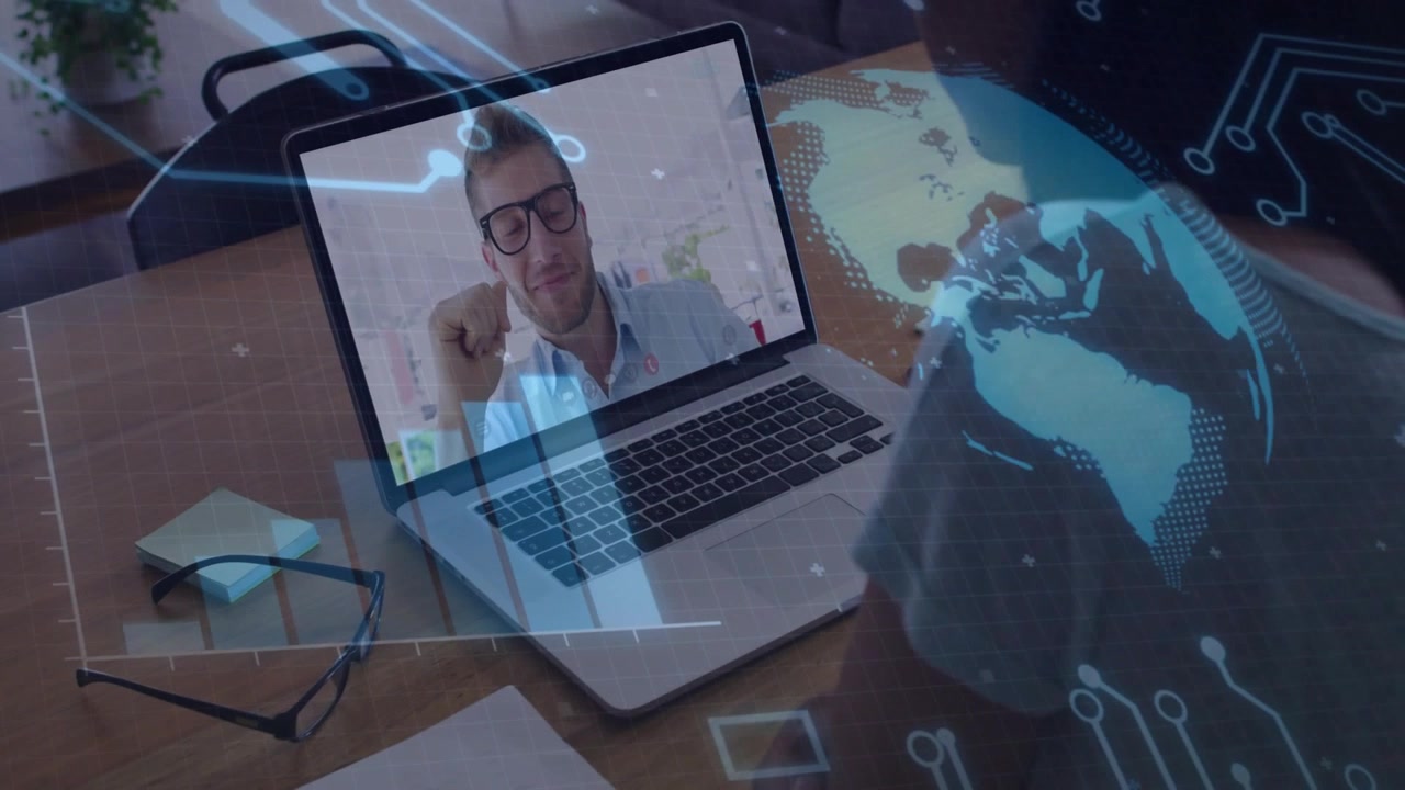 Business call starting, screen host gesturing and speaking, globe over desk screen reviewing data