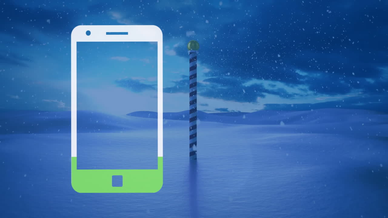 Animated smartphone icon floating over snowy plain, showing snowfall with candy?cane pole
