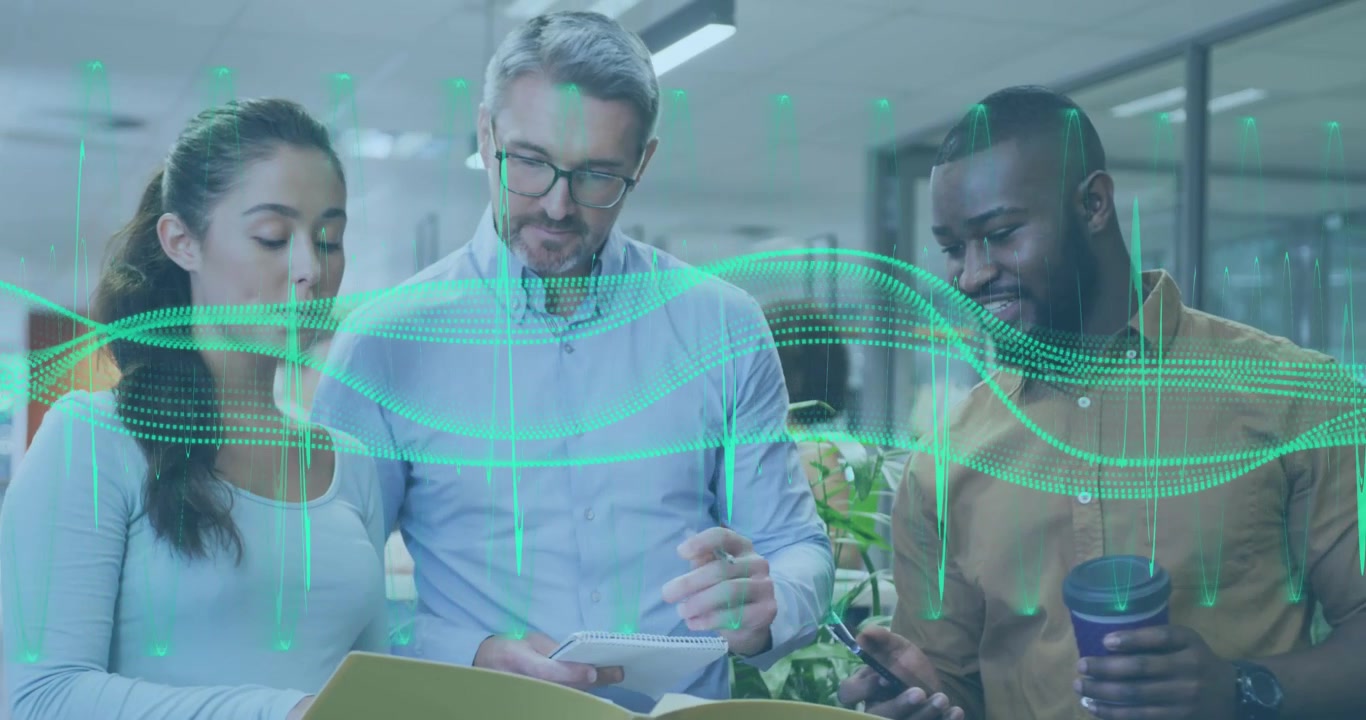 Animation of data processing over diverse business people in office