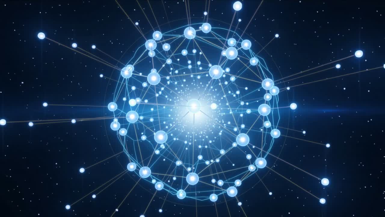 Sfera luminosa pulsante che si espande verso l'interno, ruotando contro un campo stellare con un nucleo, un anello nodale e delle linee.