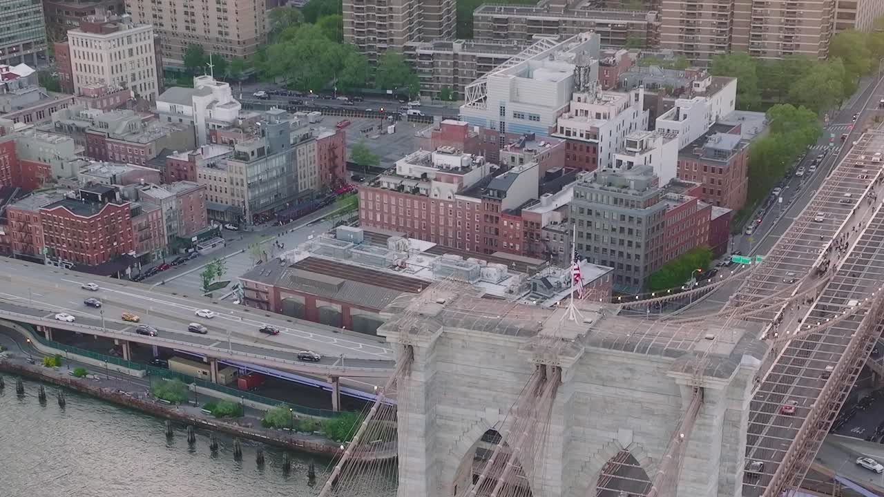 Aerial view of a cityscape with buildings and a bridge