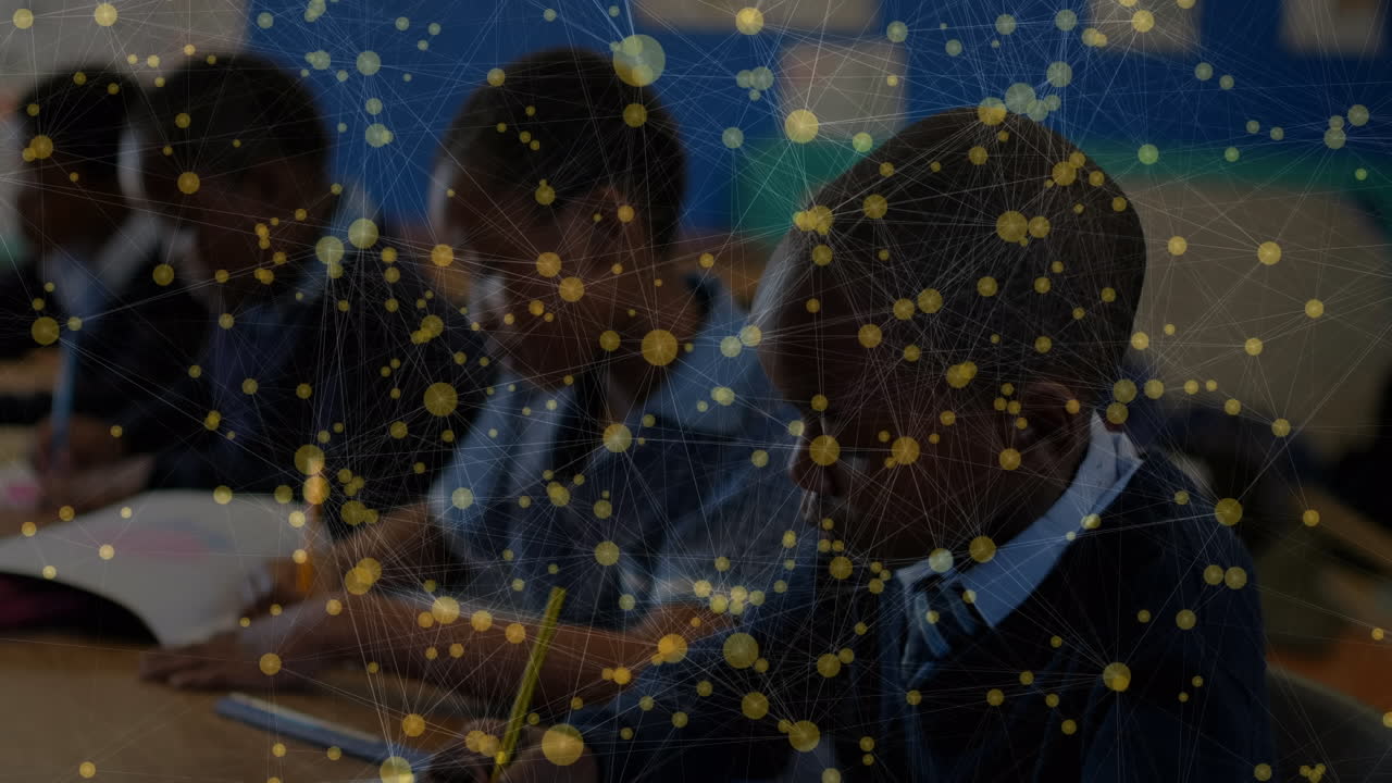 교실에서 글을 쓰는 학생들을 가로질러 움직이는 연결 네트워크의 애니메이션