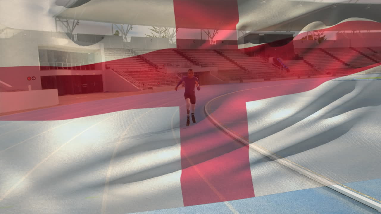 Animation of biracial male athlete with prosthetic leg running on track and waving england flag