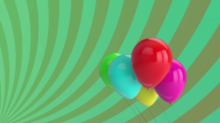 Animazione di palloncini che fluttuano sopra strisce verdi rotanti con un movimento ipnotico in un loop continuo.