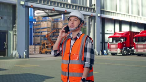 side view of asian male engineer with safety helmet talking on smartphone while standing , outside of logistics distributions warehouse