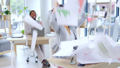 business woman, computer and celebration throwing