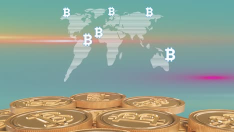 Gold-Bitcoins-über-Der-Weltkarte-Mit-Bitcoin-Symbolen-Vor-Grünem-Hintergrund.