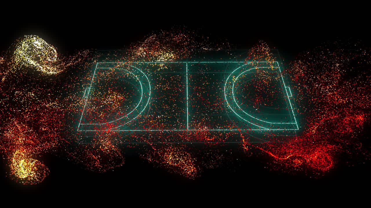 Digital basketball court with glowing lines and particles animation