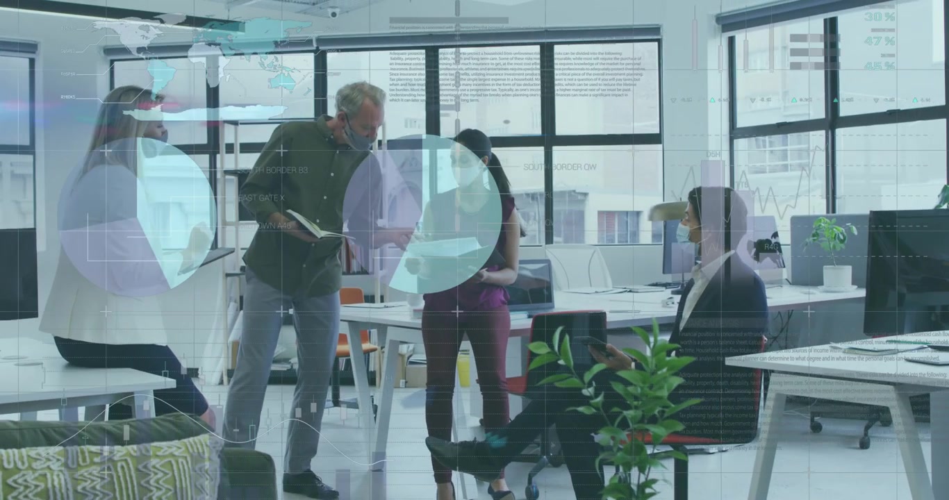 Animation of financial data processing over diverse business people in face masks in office
