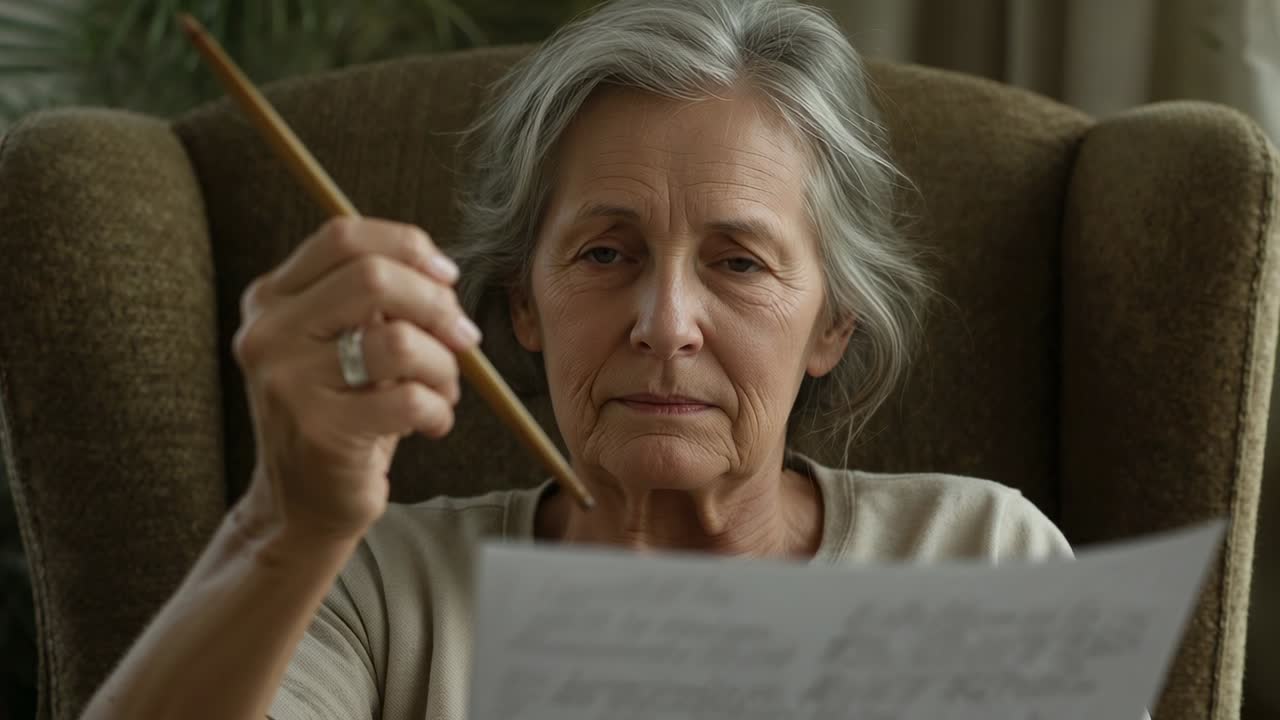 Senior woman lifting pointer and following paper lines in armchair practicing reading for education