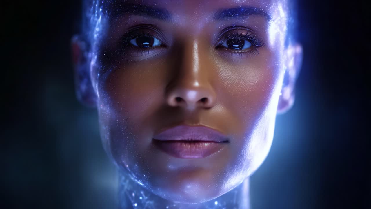 A captivating digital portrait showcasing a close-up view of a woman's face illuminated by soft blue light, highlighting her features and a futuristic aura