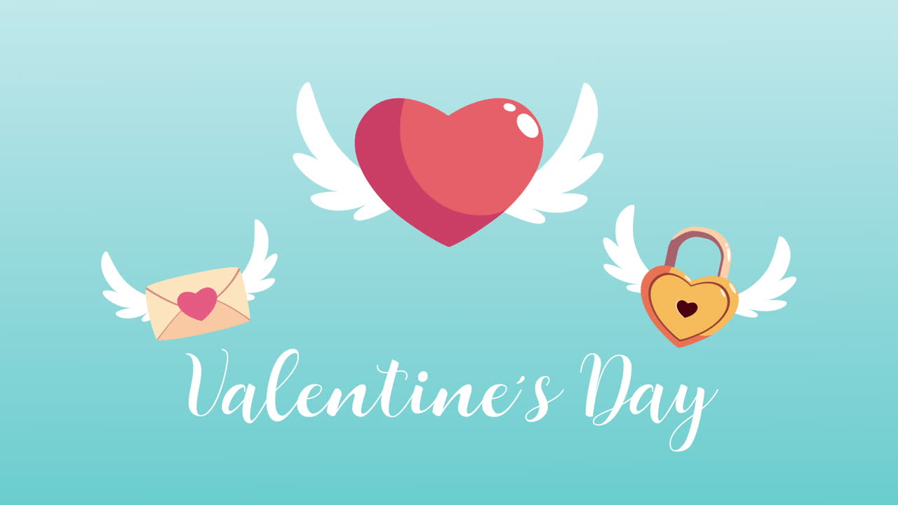 feliz día de san valentín letras con iconos establecidos volando