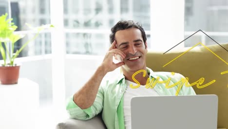 animación de texto deslizado sobre un hombre caucásico usando una computadora portátil.
