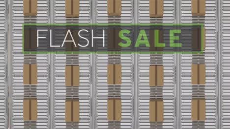 Animation-of-flash-sale-text-over-cardboard-boxes-on-conveyor-belts