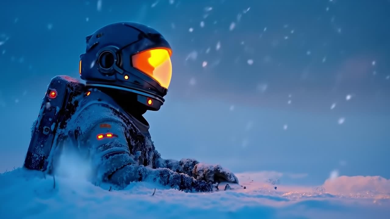 A man in a space suit sitting in the snow