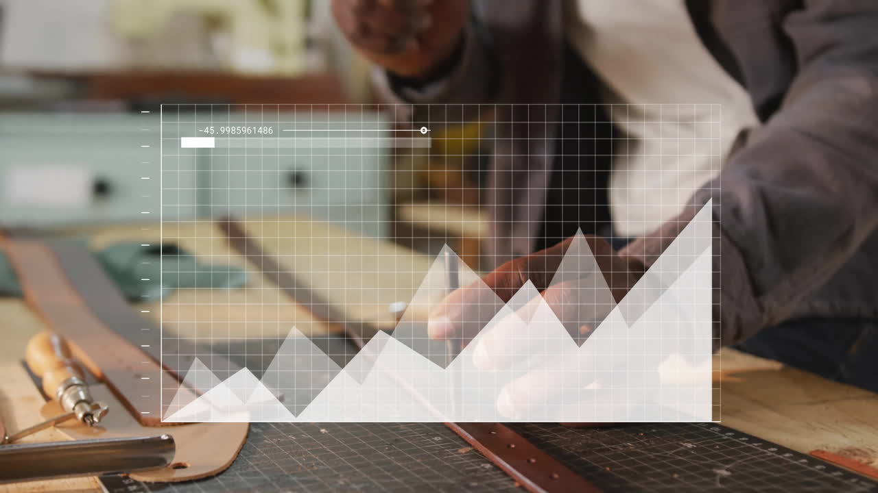 Animation of financial data processing over african american male carpenter
