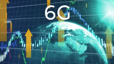 Animation-Von-6g-Text,-Pfeilsymbolen-Und-Finanzdatenverarbeitung-über-Einem-Globus-Vor-Blauem-Hintergrund