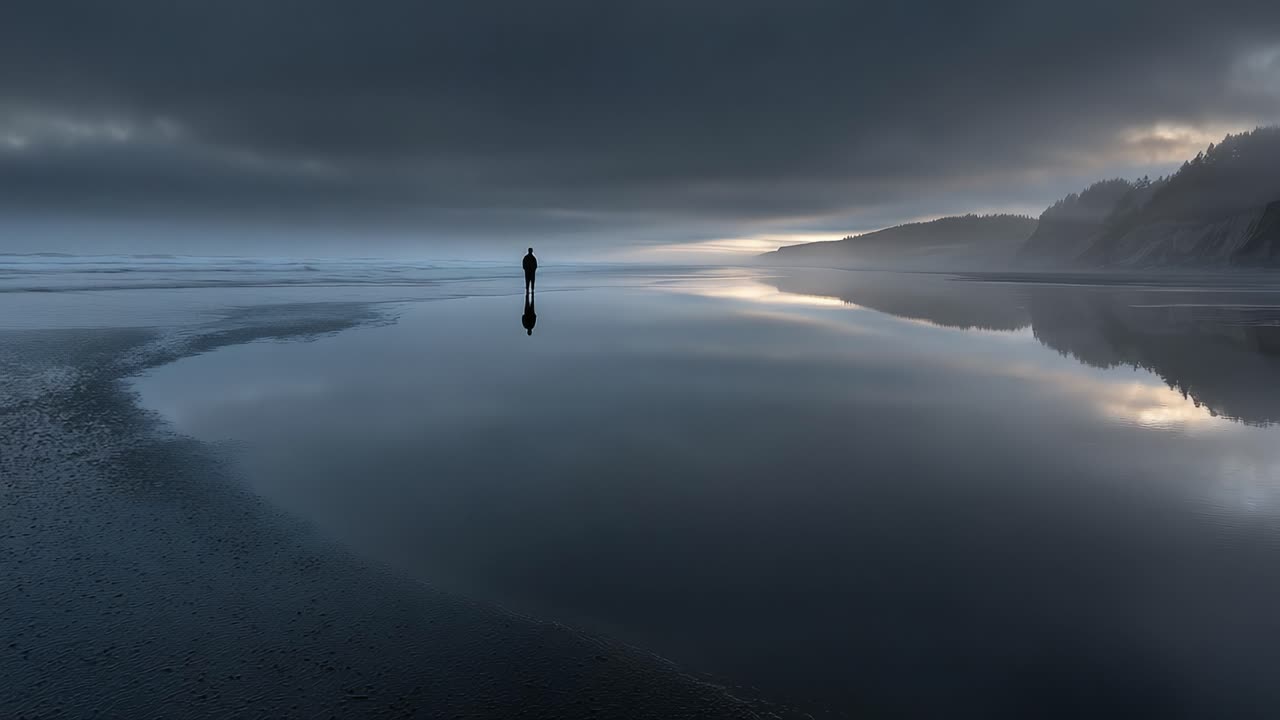 Ensam gestalt står på en lugn strand i skymningen, omgiven av en mystisk atmosfär med speglingar i vattnet och mörka, molniga skyar.
