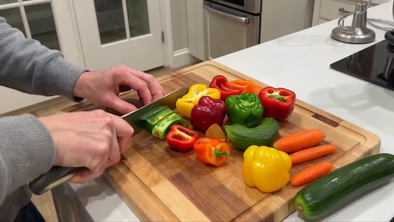 Person Cutting Bell Peppers and Vegetables on a Wooden Board