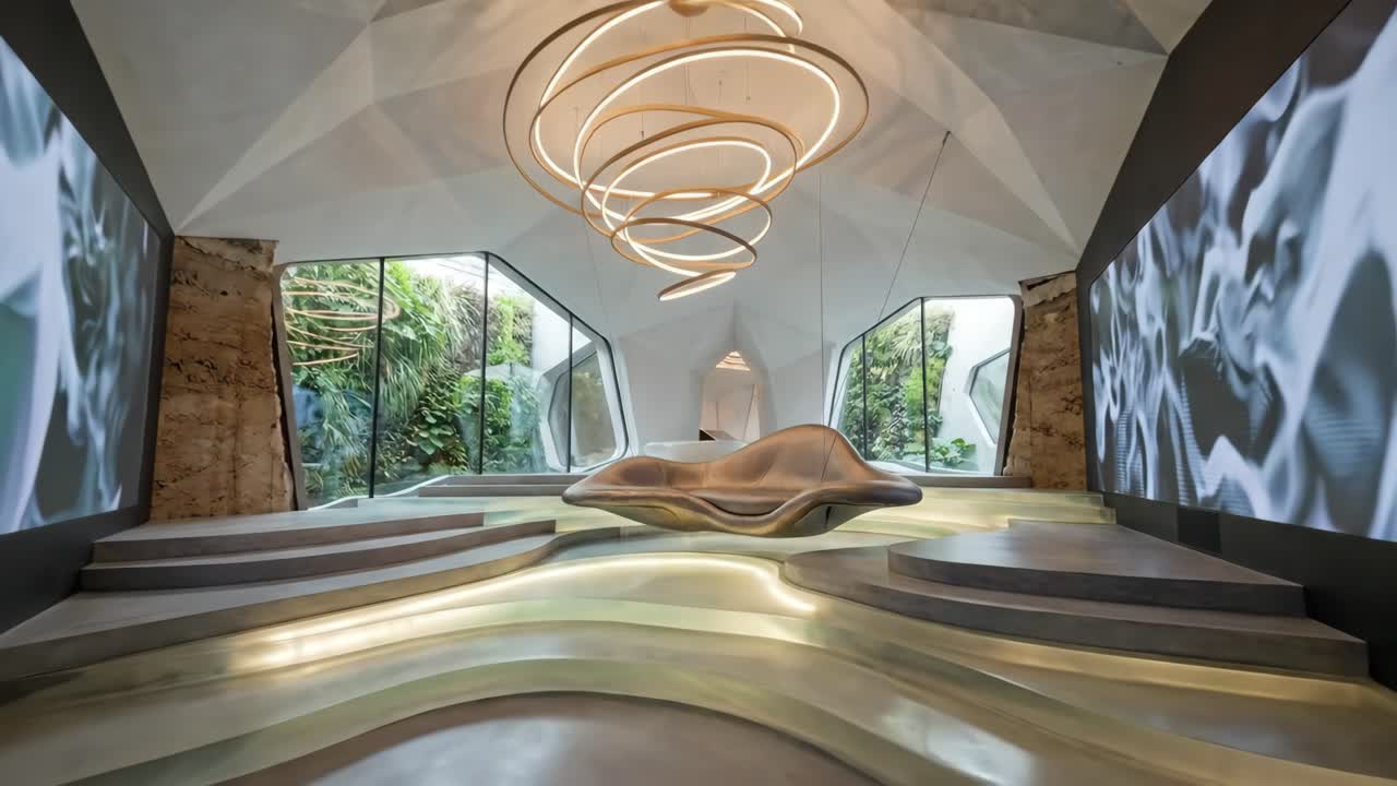 Futuristisk luksusinteriør med skulpturel sofa og geometrisk loft