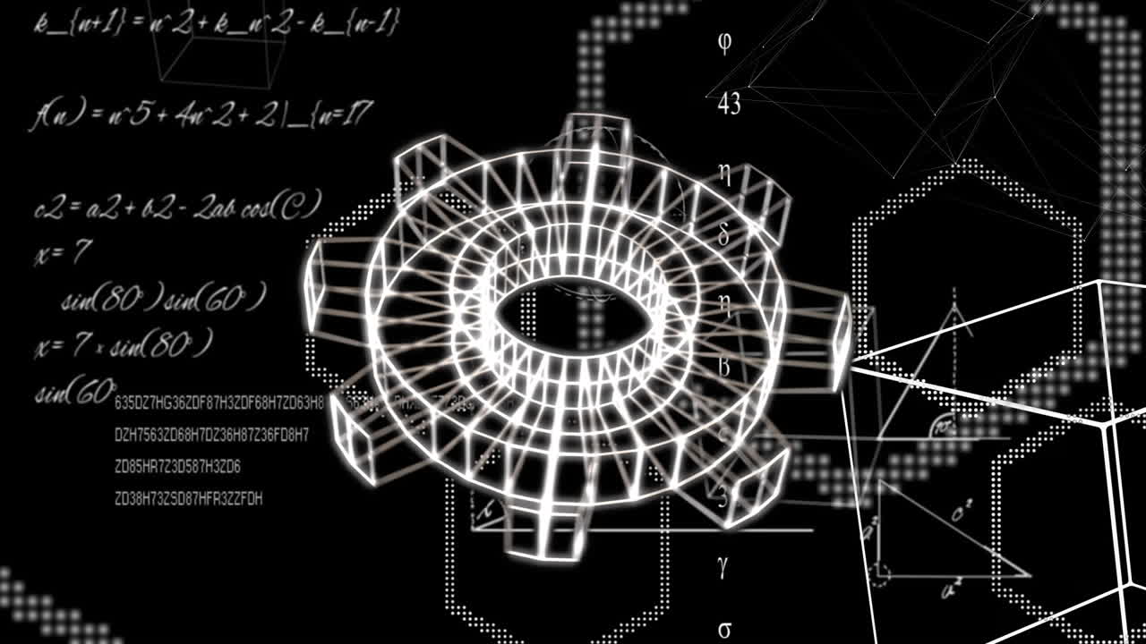 Animation of cog wheel icon over mathematical equations and shapes on black background