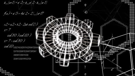 animación del icono de la rueda dentada sobre ecuaciones y formas matemáticas sobre fondo negro