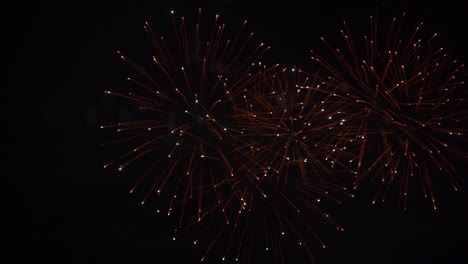 Beautiful slow motion fireworks exploding against dark night sky
