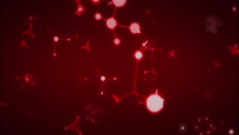 animation of multiple 3d glowing red molecules moving and spinning in seamless loop in repetition on