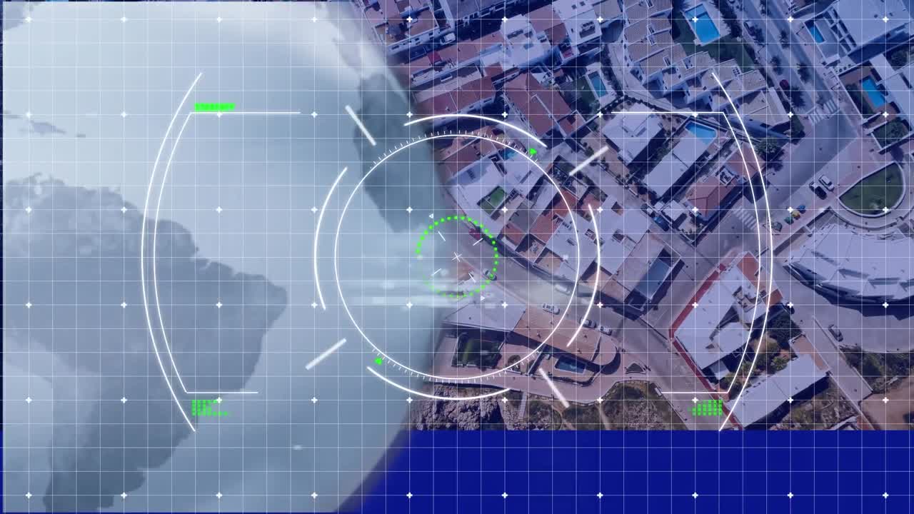 Animation eines Scanvorgangs mit Globus und Verbindungsnetzwerk über einer Stadtlandschaft