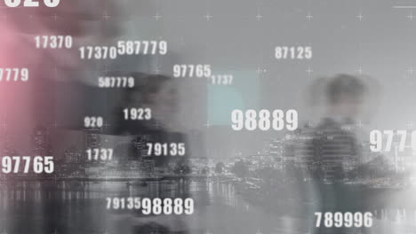 animation of numbers changing, data processing over people walking fast over cityscape
