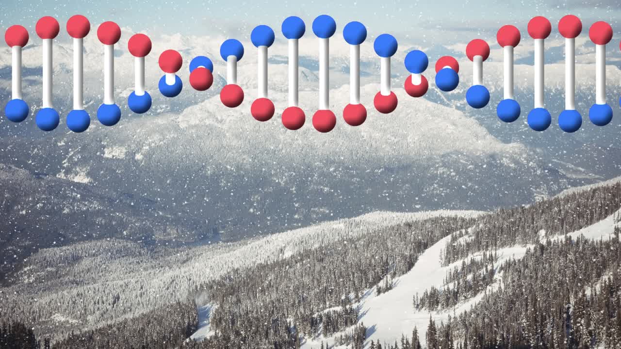 Animazione di una spirale di DNA che gira su nuvole delineate e un paesaggio invernale.