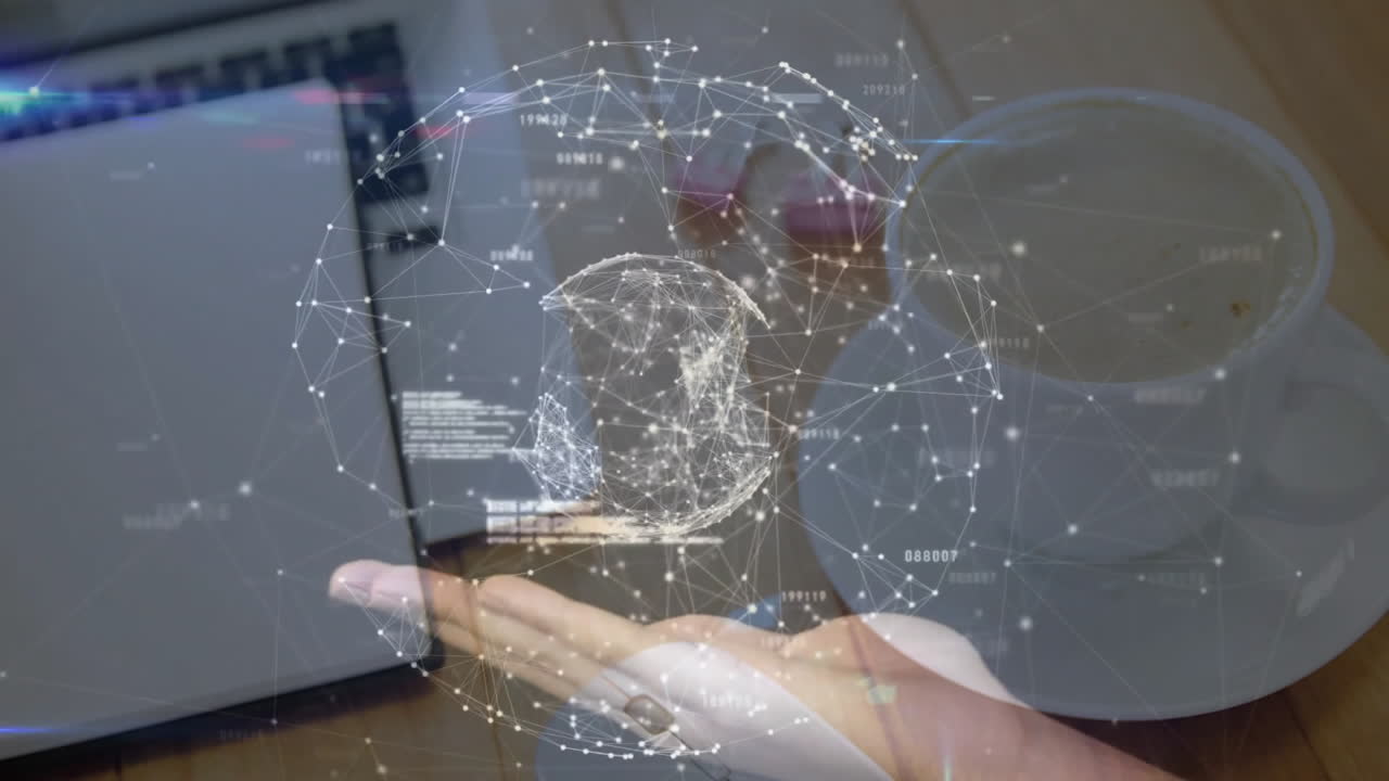 3D network hologram floating above smartphone on desk, showing laptop coffee cup and pink glasses