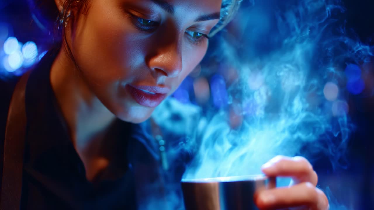 Captivating Moments: A Woman Observes Wisps of Steam Rising from Her Cup in a Dazzling Atmosphere of Blue Light and Anticipation for the Perfect Sip