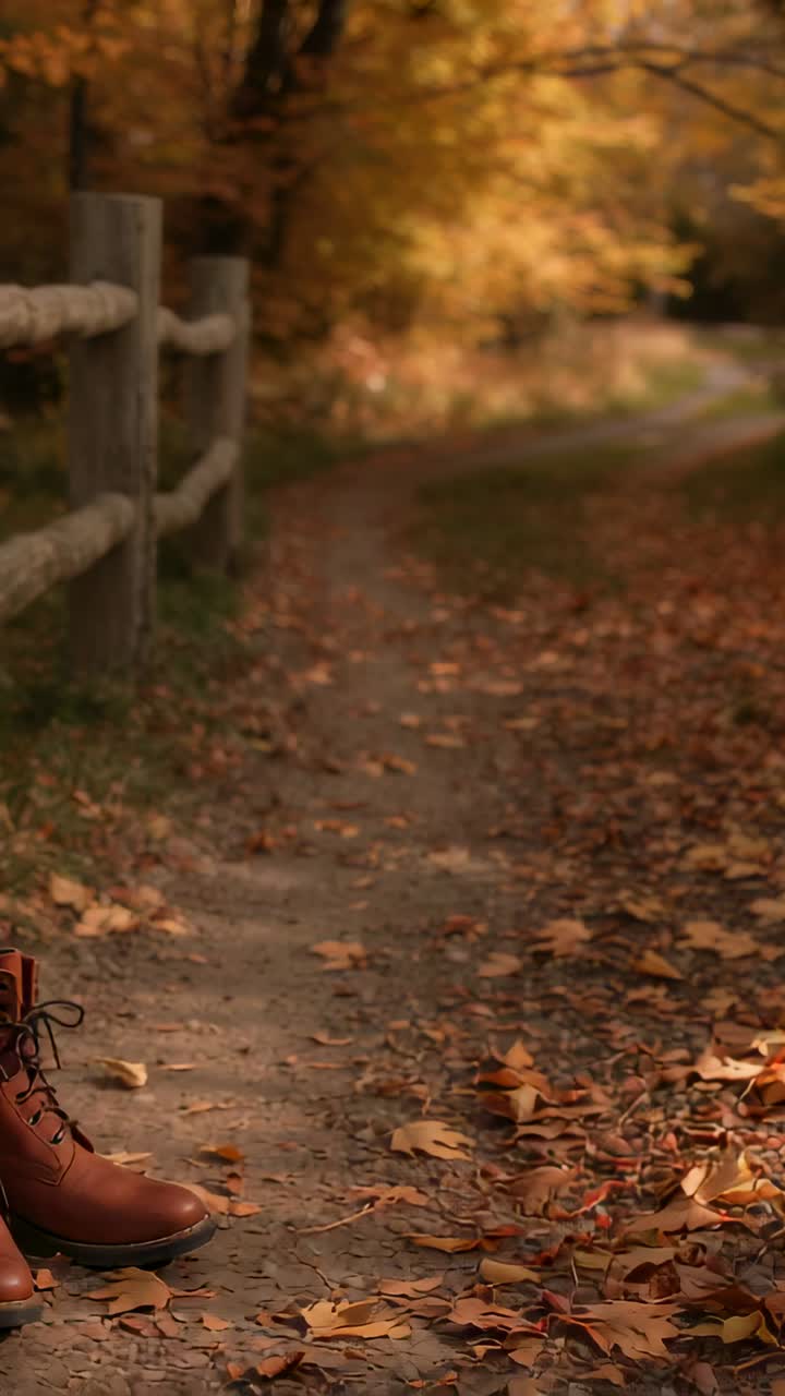 Vertical video: Boot pressing on leafy trail along wooden fence for autumn hike, copy space