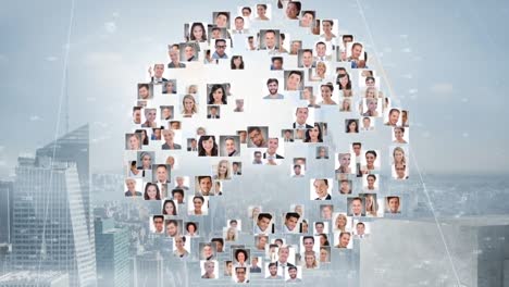 animation of globe made of user photos over cityscape