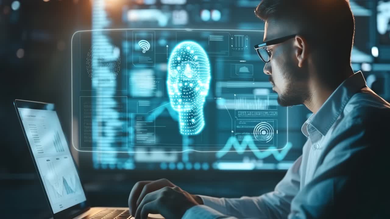 Side angle of a man at a laptop, surrounded by digital graphics and data, suggesting a futuristic