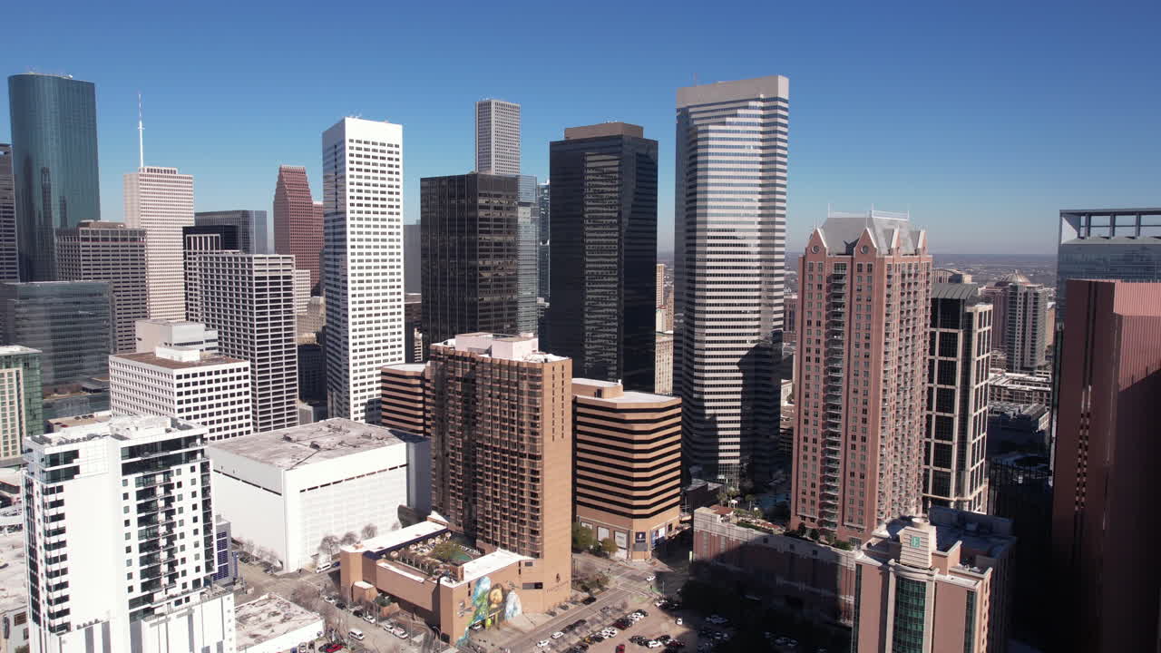 centro de houston paisaje urbano horizonte, torres y rascacielos, disparo de dron