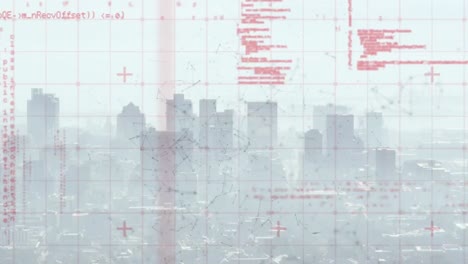 Animation-of-programming-language,-grid-pattern-and-connected-dots-over-city-in-background