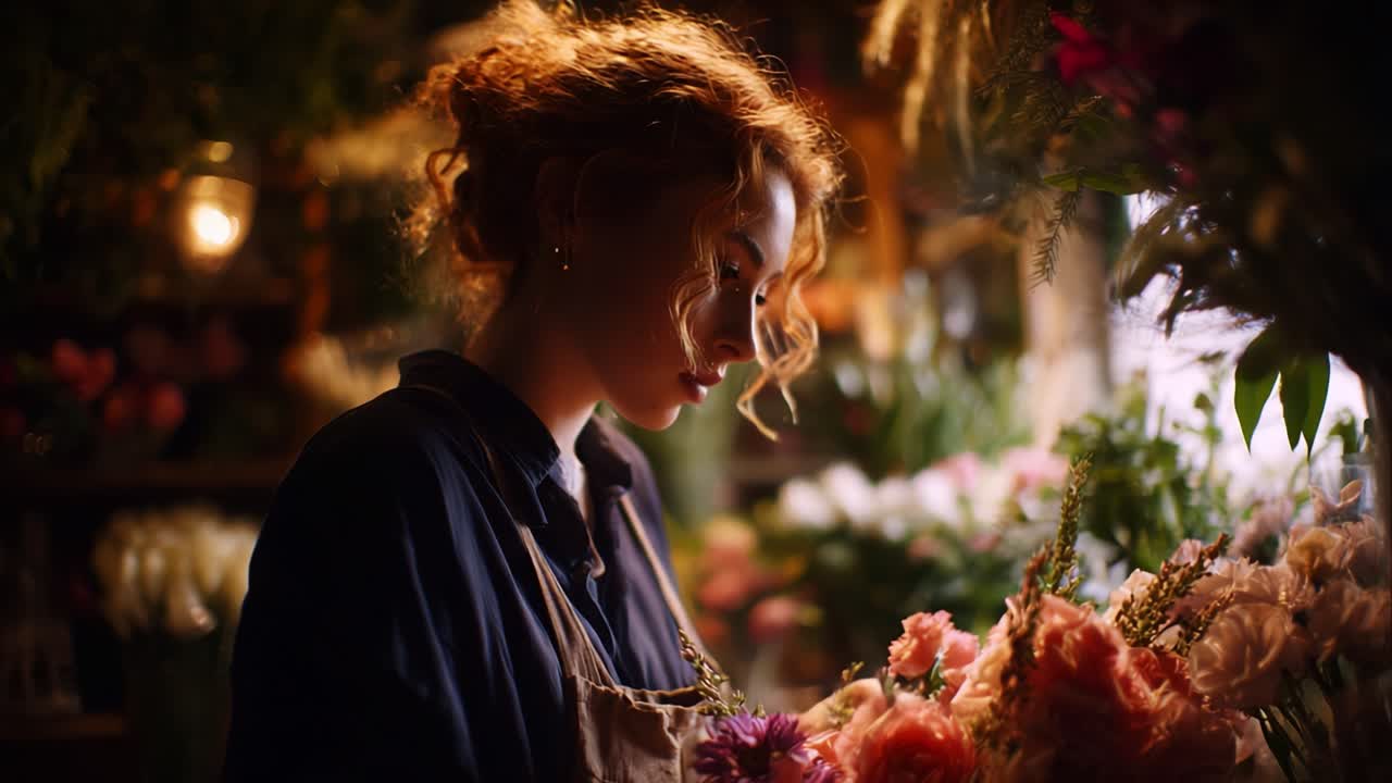 A thoughtful florist arranging beautiful flowers in a charming shop, showcasing the intricate artistry and passion involved in the floral design process amidst soft lighting