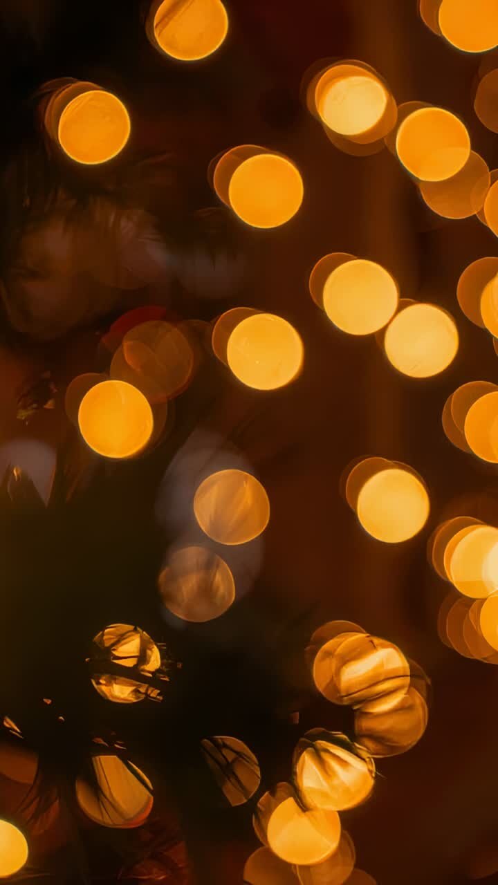 Vertical video: Shifting camera focus showing amber lights drifting in dim corner and pine branch