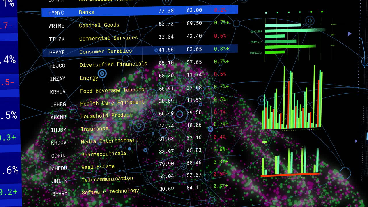 Stock market data over colorful abstract animation of network connections