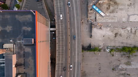 Aerial-view-above-cars-on-Interstate-87,-sunny-evening-in-Bronx,-NY,-USA---birdseye,-drone-shot