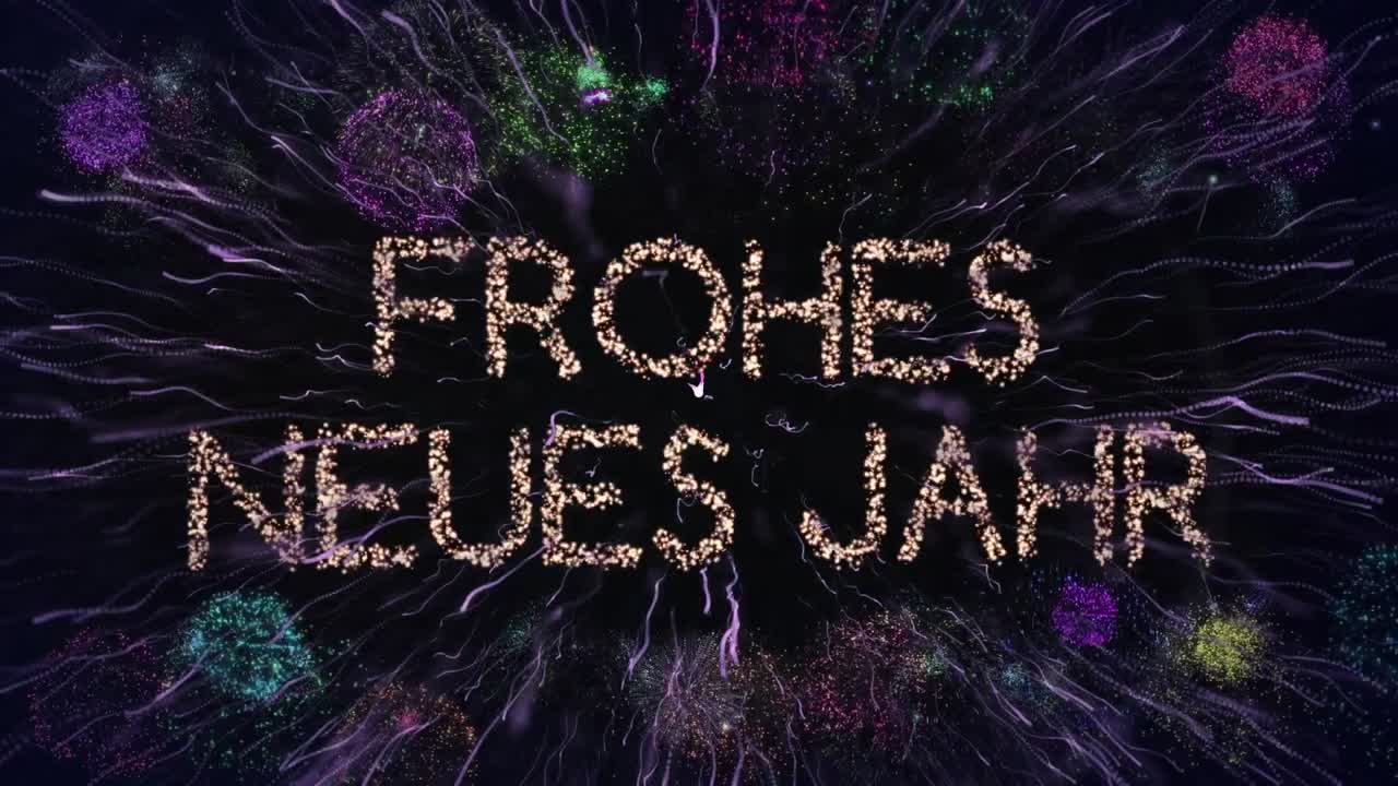 animación de texto brillante frohes neues jahr, con fuegos artificiales de colores, sobre fondo negro