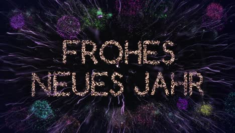 animation of glittering text frohes neues jahr, with colourful fireworks, on black background