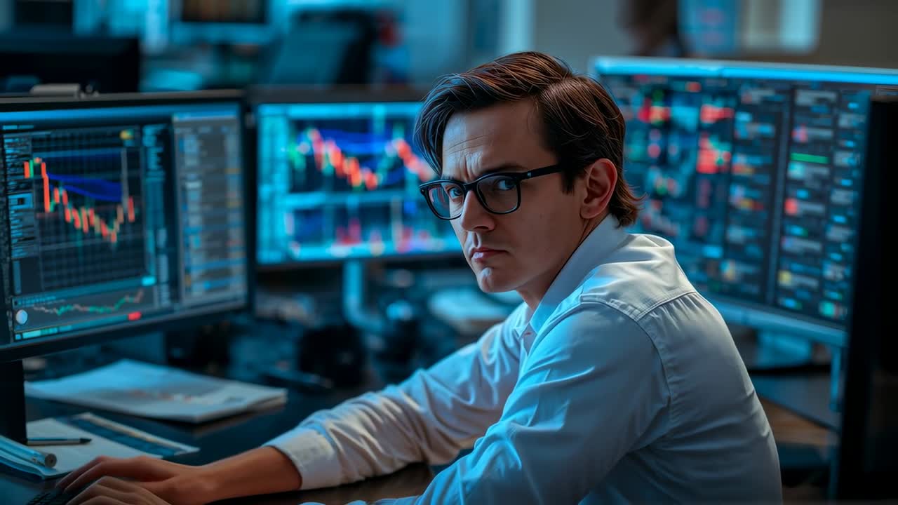 Noticing market drop on left monitor, trader in white shirt adjusting keys, watching charts at desk
