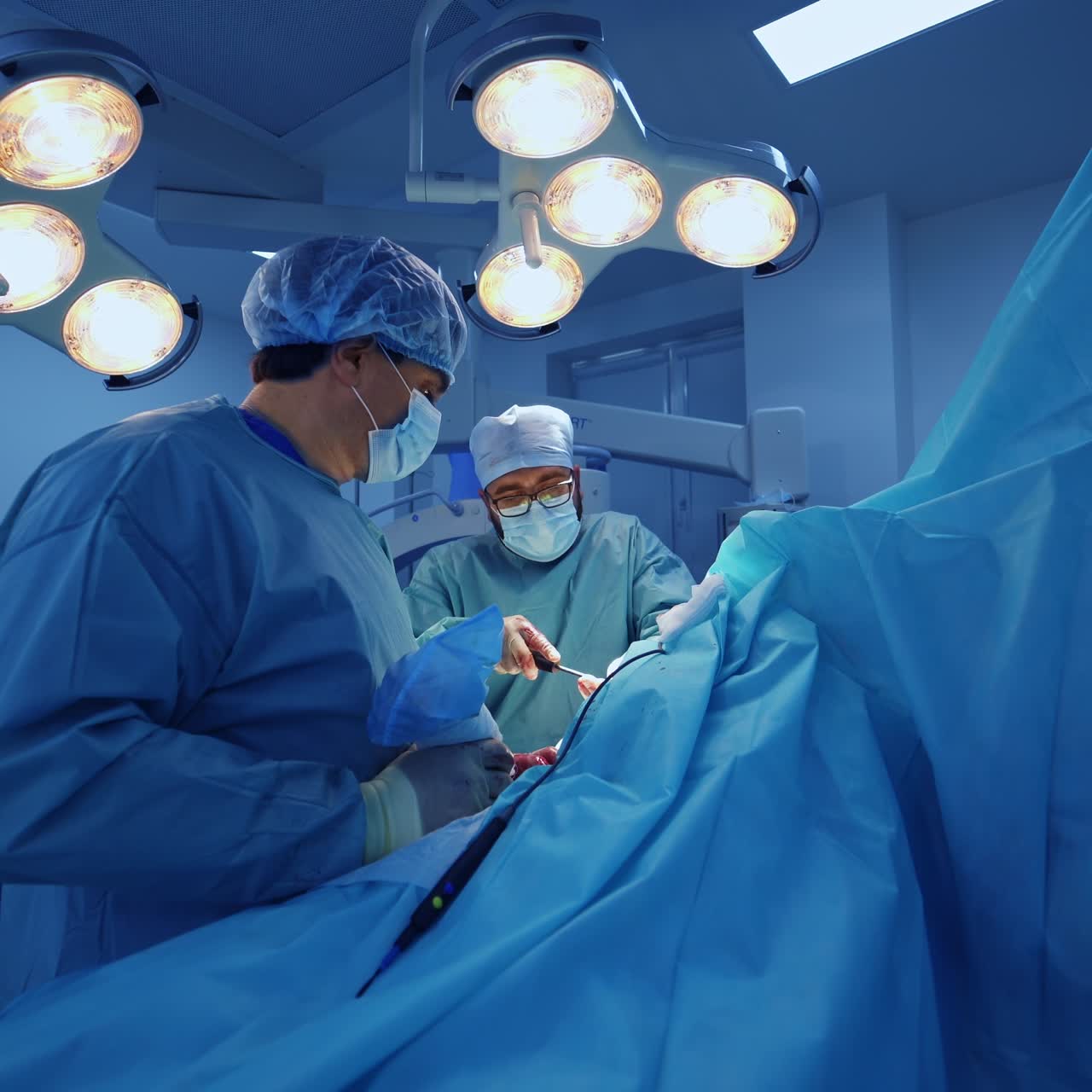 Spacious blue-lit modern surgery room with operation in progress. Approaching the operational table surrounded by medics