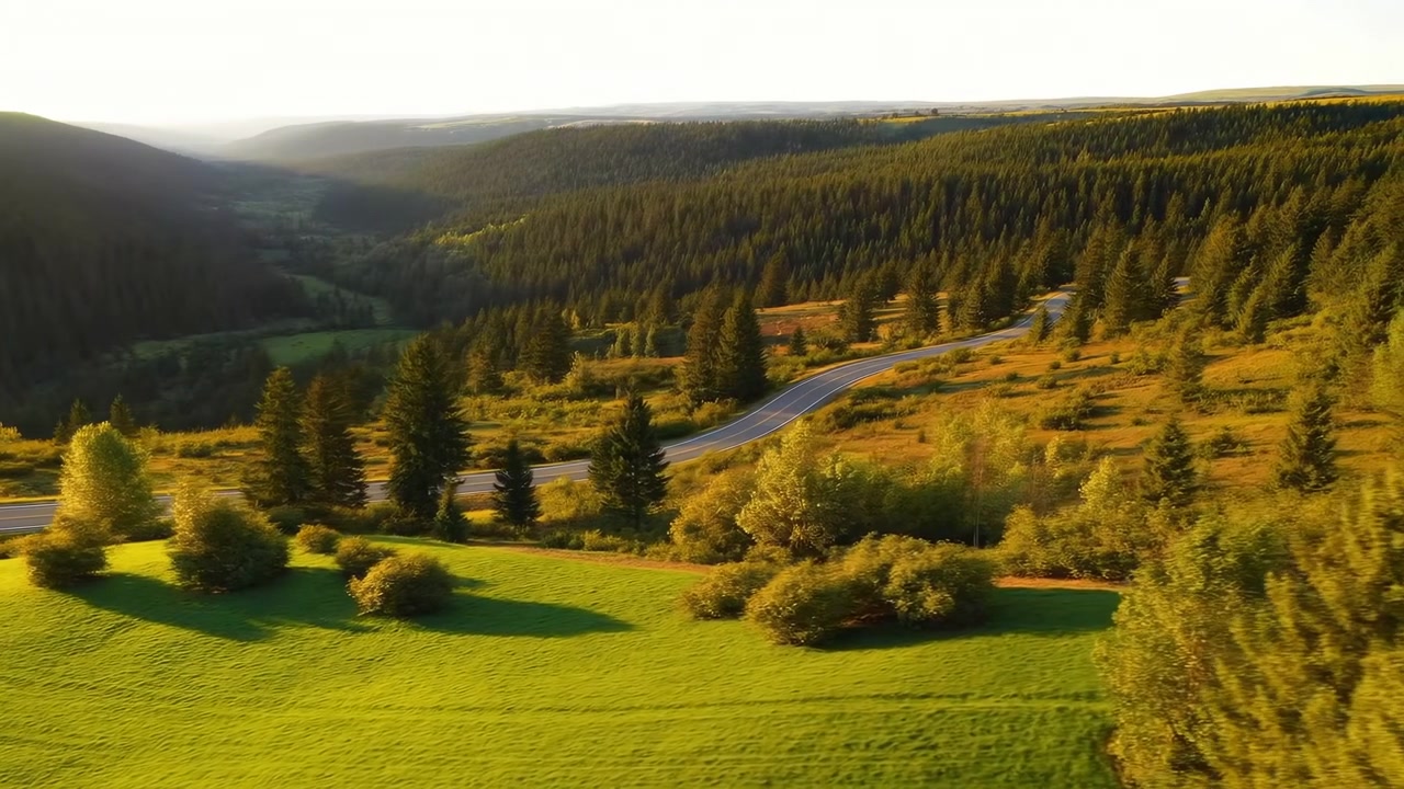 Oversiktsbilde av en svingete asfaltvei som slynger seg gjennom bølgende gresskledde åser og blandet eviggrønn skog ved solnedgang. Lysegrønne beitemarker og isolerte trær.