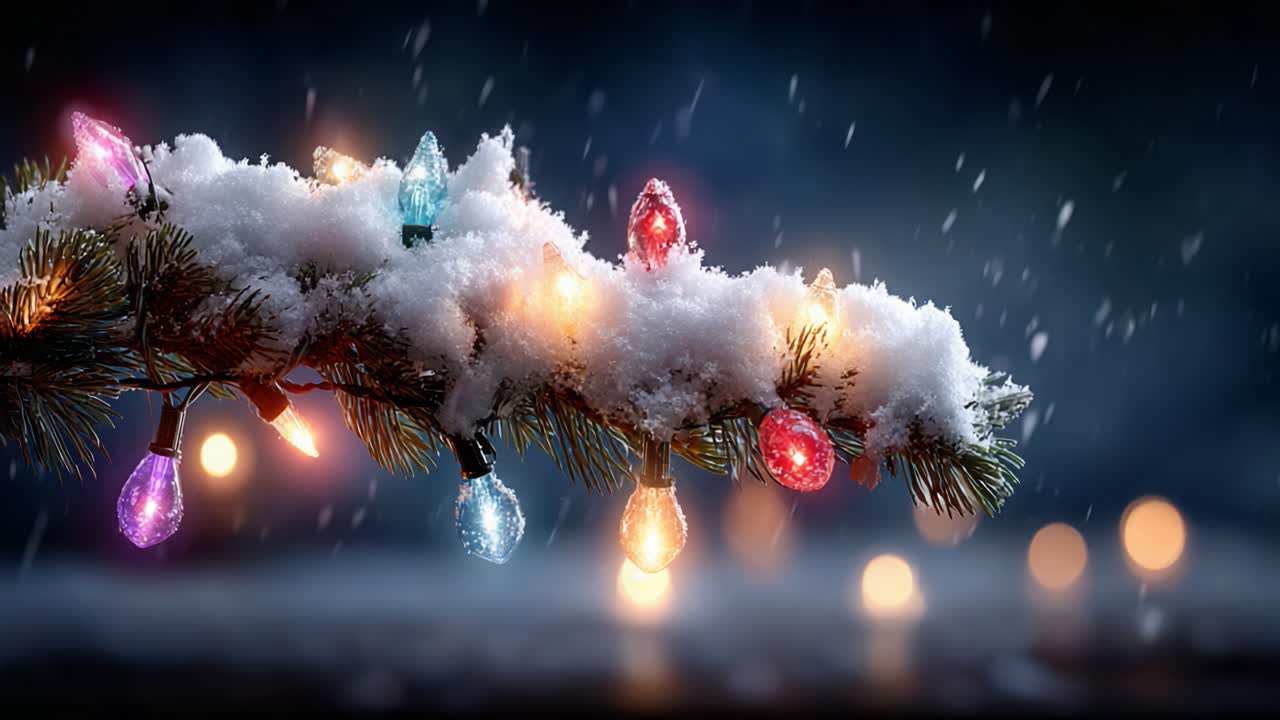 Farverige julelys funkler festligt på en sneklædt fyrregren og skaber en magisk vinterstemning i juletiden